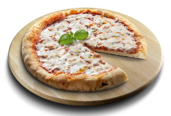 Clásica Pizza Redonda Margherita Rodajas Con Albahaca Plato Blanco — Foto de Stock
