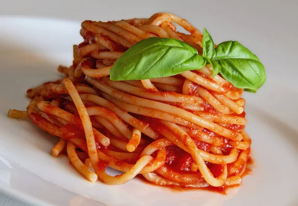 Detail Van Schotel Met Spaghetti Tomaat Basilicum Geïsoleerd Witte Achtergrond — Stockfoto