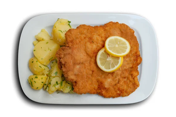 Bovenaanzicht Van Schnitzel Classisc Weense Kalfsvlees Cutlet Met Aardappelsalade Citroenschijfjes — Stockfoto
