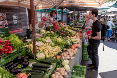 Graz, Avusturya - 26 Ağustos 2023: Kaiser-Josef-Platz 'daki çiftçi pazarında sebzeler ve meyvelerle oyalama