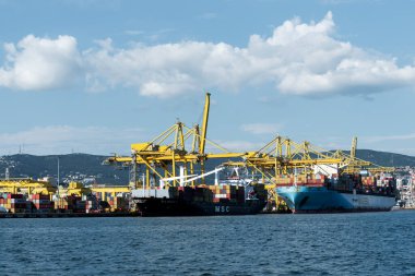 Trieste, İtalya - 7 Haziran 2023: Kargo gemileri Trieste Limanı yükleme iskelesine yanaştı: boşaltma konteynırları