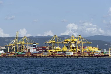 Trieste, İtalya - 7 Haziran 2023: Yükleme için vinçlerle Trieste Limanı VII. Pier 'in görüntüsü: