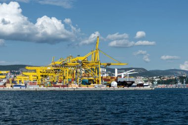 Trieste, İtalya - 7 Haziran 2023: Yükleme için vinçlerle Trieste Limanı VII. Pier 'in görüntüsü: