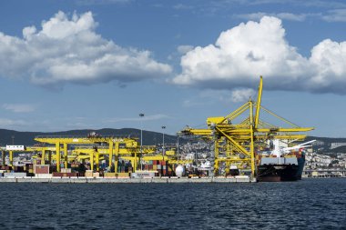 Trieste, İtalya - 7 Haziran 2023: Yükleme için vinçlerle Trieste Limanı VII. Pier 'in görüntüsü: