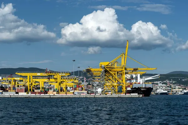 Trieste, İtalya - 7 Haziran 2023: Yükleme için vinçlerle Trieste Limanı VII. Pier 'in görüntüsü:
