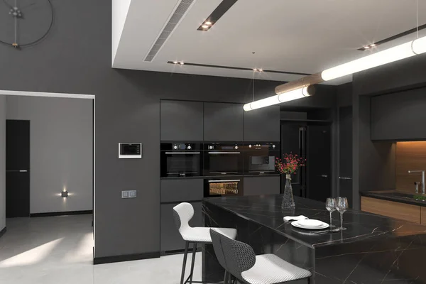 Buka Rencana Ruang Tamu Mengatur Pencocokan Dengan Dapur Render — Stok Foto