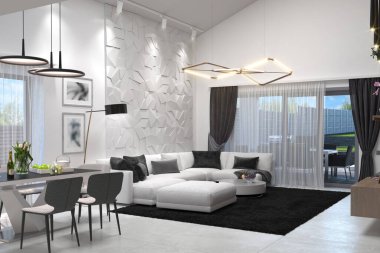 Açık planlı oturma odası düzenleme, mutfakla eşleştirme, 3D görüntüleme