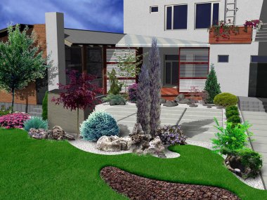 Dekorasyon ve bitkiler, 3d Render gruplandırma arka bahçe örneği