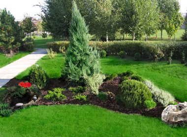 Bir ev ve yeşil tasarımı çevreleyen doğal zemin üç boyutlu illüstrasyon içerir