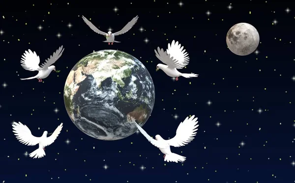 White doves of peace fly to earth. International symbol of peace. Concept war and peace. Illustration.