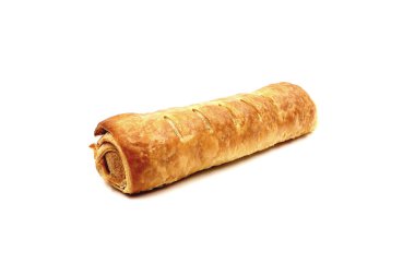 Beyaz arka planda izole edilmiş lezzetli sosisli börekler. Körili börek. Epifani 'den sonraki ilk pazartesi, geleneksel sosis ekmeği kayıp pazartesi yenir..