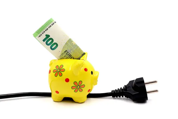 100 avroluk banknotu ve beyaz arka planda izole edilmiş bir fişi olan sarı domuz kumbarası. Elektrik maliyetlerini hesapla.