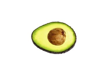 Beyaz arka planda izole edilmiş yarım avokado. Olgun bir avokadonun kesiti.