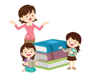 Çocuklar kitapların üzerinde oturup kitap okuyor. Oğlan ve kızlar öğreniyor ya da okuyor. Okula Dönüş Konsepti eğitimli çocuklar. Öğrenciler ellerinde ders kitapları ve okul dünyası ikonu tutuyorlar. 