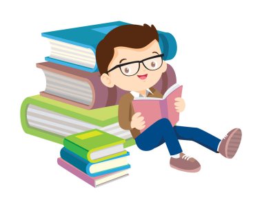 Çocuklar kitapların üzerinde oturup kitap okuyor. Oğlan ve kızlar öğreniyor ya da okuyor. Okula Dönüş Konsepti eğitimli çocuklar. Öğrenciler ellerinde ders kitapları ve okul dünyası ikonu tutuyorlar. 