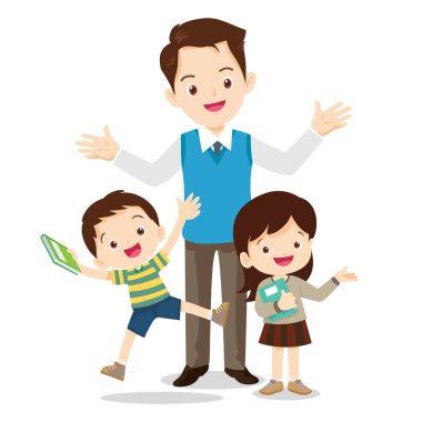 Genç Gülümseyen Öğretmen ve Sınıfta Sıraya girmiş Çocuklar Grubu ile Okul Konseptine Dönüş. İlköğretim Okulu, Anaokulu Çalışması. Mutlu Gülen Çocuklar