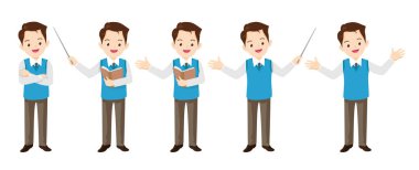 Öğretmenlik pozisyonundaki bir grup genç erkek öğretmen. Okulda çalışan profesör tahtaya yakın duruyor, eğitim dersleri veriyor. 