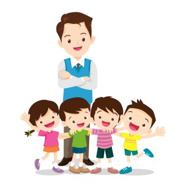 Genç Gülümseyen Öğretmen ve Sınıfta Sıraya girmiş Çocuklar Grubu ile Okul Konseptine Dönüş. İlköğretim Okulu, Anaokulu Çalışması. Mutlu Gülen Çocuklar