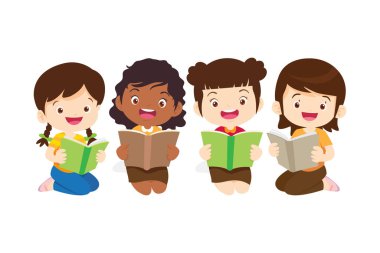 Mutlu çocuklar ve kitaplar. Çocuklar okula dönüş konseptini okuyor. 