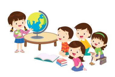 Çocuklar kitapların üzerinde oturup kitap okuyor. Oğlan ve kızlar öğreniyor ya da okuyor. Okula Dönüş Konsepti eğitimli çocuklar. Öğrenciler ellerinde ders kitapları ve okul dünyası ikonu tutuyorlar. 