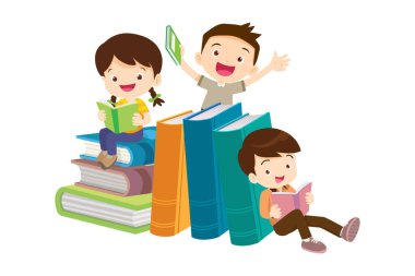 Çocuklar kitapların üzerinde oturup kitap okuyor. Oğlan ve kızlar öğreniyor ya da okuyor. Okula Dönüş Konsepti eğitimli çocuklar. Öğrenciler ellerinde ders kitapları ve okul dünyası ikonu tutuyorlar. 