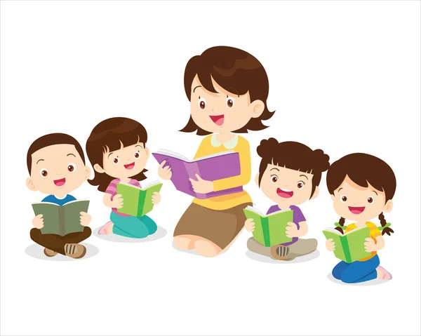 Παιδιά Που Κάθονται Στοίβες Βιβλίων Και Διαβάσεων Αγόρι Και Κορίτσια — Διανυσματικό Αρχείο