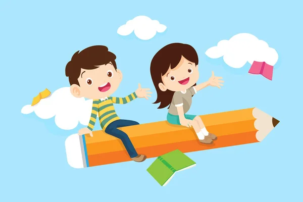 Erkek Kız Kurşun Kalemle Uçuyor Okul Konsepti Çocuklar Grubu Geri — Stok Vektör