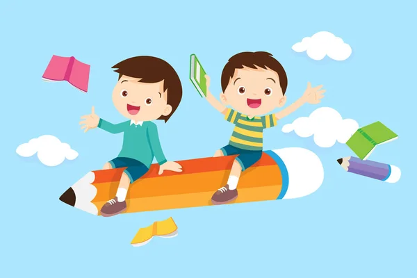 Erkek Kız Kurşun Kalemle Uçuyor Okul Konsepti Çocuklar Grubu Geri — Stok Vektör
