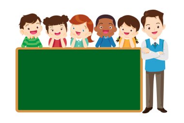 Öğrenen ya da okuyan kız ve oğlanlı mutlu öğretmen ve karatahta. Okula Dönüş Eğitimi olan çocuklar.