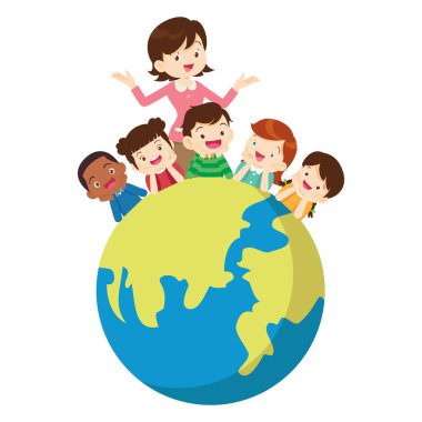 Öğretmen ve çocuklar dünyanın dört bir yanında mutlu, küresel eğitim konseptiyle birlikte oturuyorlar.