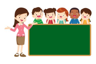 Öğrenen ya da okuyan kız ve oğlanlı mutlu öğretmen ve karatahta. Okula Dönüş Eğitimi olan çocuklar.