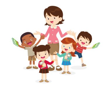 Öğrenim ve öğrenim gören kız ve erkek çocukların olduğu mutlu bir öğretmen. Okula Dönüş Konsepti eğitimli çocuklar. Öğrenciler ellerinde ders kitapları tutuyor.