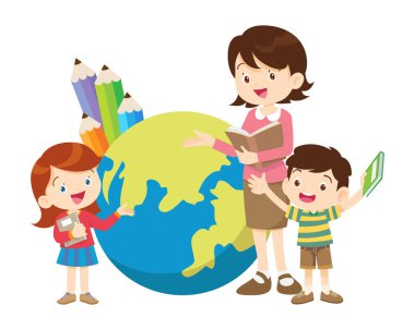 Erkek ve kız çocuklarının öğrenme veya öğrenme ile mutlu bir öğretmen. Okula Dönüş Konsepti eğitimli çocuklar. Öğrenciler ellerinde ders kitapları ve okul dünyası ikonu tutuyorlar. 