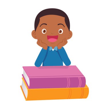 Çocuklar kitapların üzerinde oturup kitap okuyor. Oğlan ve kızlar öğreniyor ya da okuyor. Okula Dönüş Konsepti eğitimli çocuklar. Öğrenciler ellerinde ders kitapları ve okul dünyası ikonu tutuyorlar. 