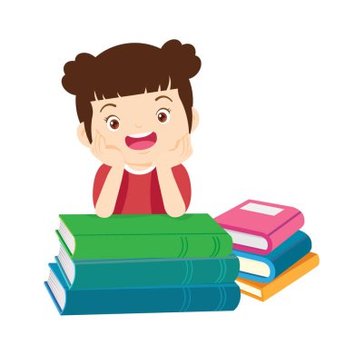 Çocuklar kitapların üzerinde oturup kitap okuyor. Oğlan ve kızlar öğreniyor ya da okuyor. Okula Dönüş Konsepti eğitimli çocuklar. Öğrenciler ellerinde ders kitapları ve okul dünyası ikonu tutuyorlar. 