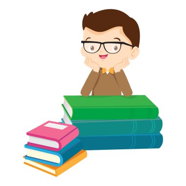 Çocuklar kitapların üzerinde oturup kitap okuyor. Oğlan ve kızlar öğreniyor ya da okuyor. Okula Dönüş Konsepti eğitimli çocuklar. Öğrenciler ellerinde ders kitapları ve okul dünyası ikonu tutuyorlar. 