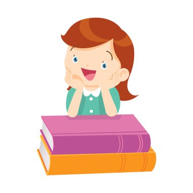 Çocuklar kitapların üzerinde oturup kitap okuyor. Oğlan ve kızlar öğreniyor ya da okuyor. Okula Dönüş Konsepti eğitimli çocuklar. Öğrenciler ellerinde ders kitapları ve okul dünyası ikonu tutuyorlar. 