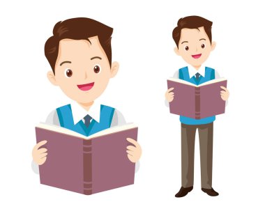 Genç erkek öğretmen karakter kitabı okuyor.