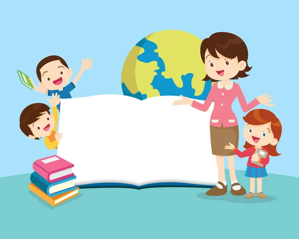 Щасливий Учитель Хлопчиком Дівчатами Які Навчаються Або Вчаться Studying Children — стоковий вектор