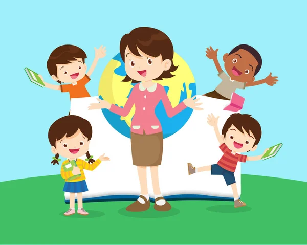 Happy Teacher Boy Girls Learning Studying Children Back School Concept — Image vectorielle