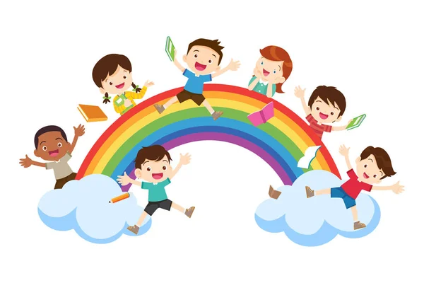 Kids Sitting Together Rainbow Happy Globe Education Concept — Image vectorielle