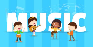 Çocuk grubu kavramını müzik oynamak. Çocuklar çizgi film dans ve müzik instruments.cute çocuk müzisyen ile çeşitli eylemler music.around oynayan çocuklar büyük harf.