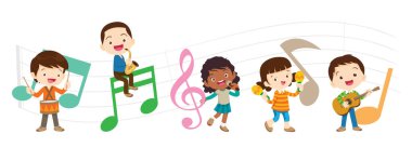Çocuk grubu kavramını müzik oynamak. Çocuklar çizgi film dans ve müzik instruments.cute çocuk müzisyen ile çeşitli eylemler music.around oynayan çocuklar büyük harf.