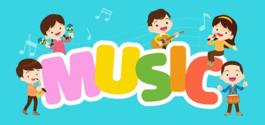 Çocuk grubu kavramını müzik oynamak. Çocuklar çizgi film dans ve müzik instruments.cute çocuk müzisyen ile çeşitli eylemler music.around oynayan çocuklar büyük harf.