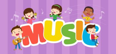 Çocuk grubu kavramını müzik oynamak. Çocuklar çizgi film dans ve müzik instruments.cute çocuk müzisyen ile çeşitli eylemler music.around oynayan çocuklar büyük harf.