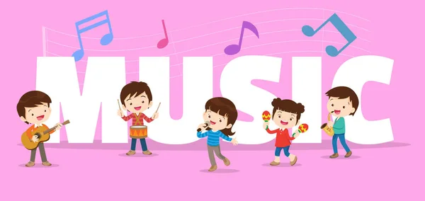 Παίξτε Μουσική Έννοια Της Παιδιά Της Ομάδας Γελοιογραφία Χορό Παιδιά — Διανυσματικό Αρχείο