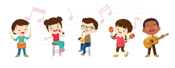 Παίξτε Μουσική Έννοια Της Παιδιά Της Ομάδας Γελοιογραφία Χορό Παιδιά — Διανυσματικό Αρχείο