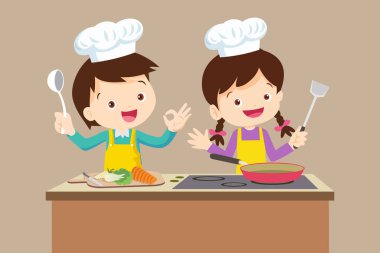 Cute Boy and Girl cooking in the kitchen. happy little chef kids presenting.