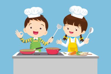 Cute Boy and Girl cooking in the kitchen. happy little chef kids presenting.