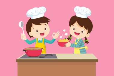 Cute Boy and Girl cooking in the kitchen. happy little chef kids presenting.